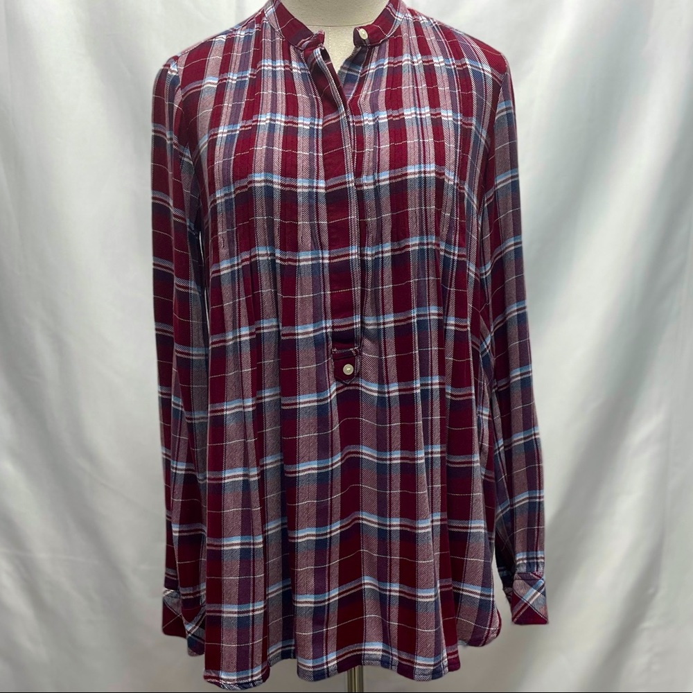 Gap Plaid Tunic Pintuck Long Sleeve Button Burgundy Navy Sz Xs